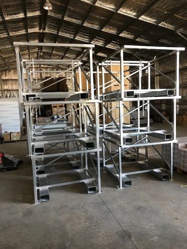 Metal storage racks inside a warehouse.