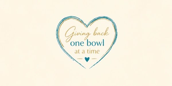 Heart-shaped design with the phrase 'Giving back one bowl at a time'.