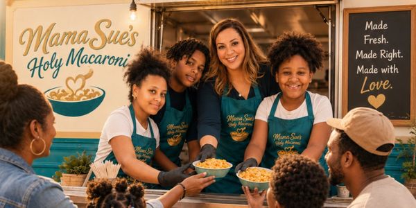 Smiling team serving macaroni from Mama Sue's food truck.