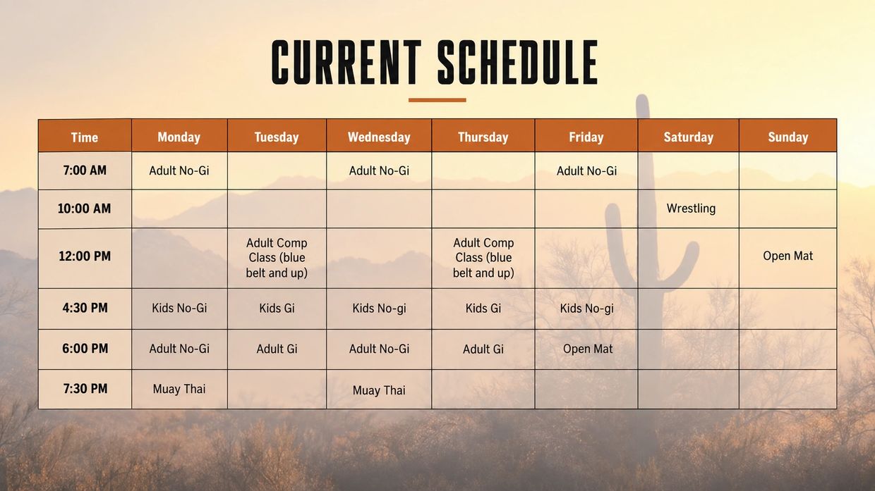 Weekly martial arts schedule with various classes from morning to evening.