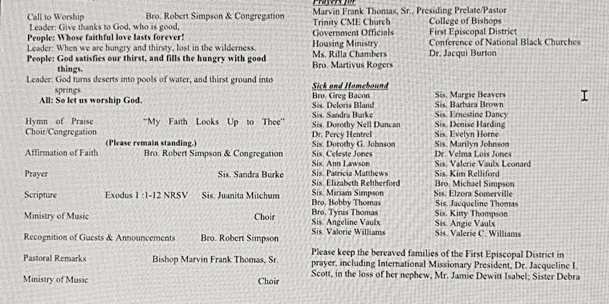 A church program listing hymns, prayers, scripture, and acknowledgments.