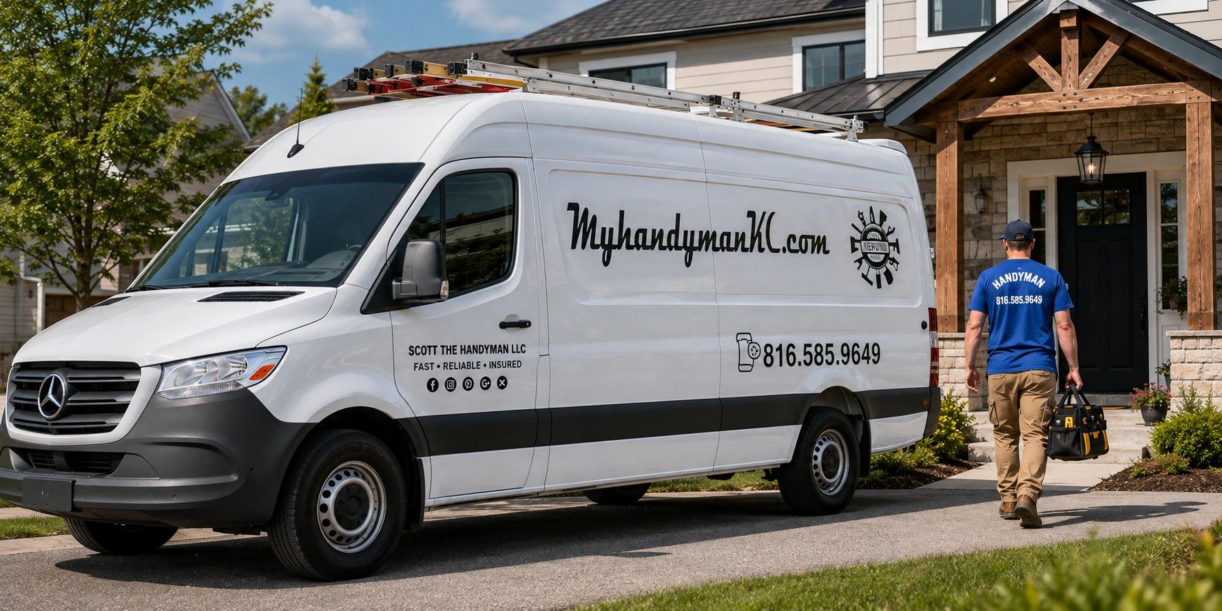 White Mercedes-Benz Sprinter service van and Scott The Handyman technician arriving at a Kansas City