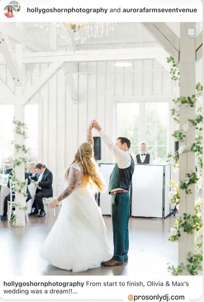 Bride and groom dancing at Aurora Farms wedding venue in Taylors, SC with ProsOnly Entertainment pro