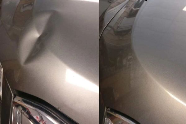 Before and After photo of a big dent on the hood of a vehicle 