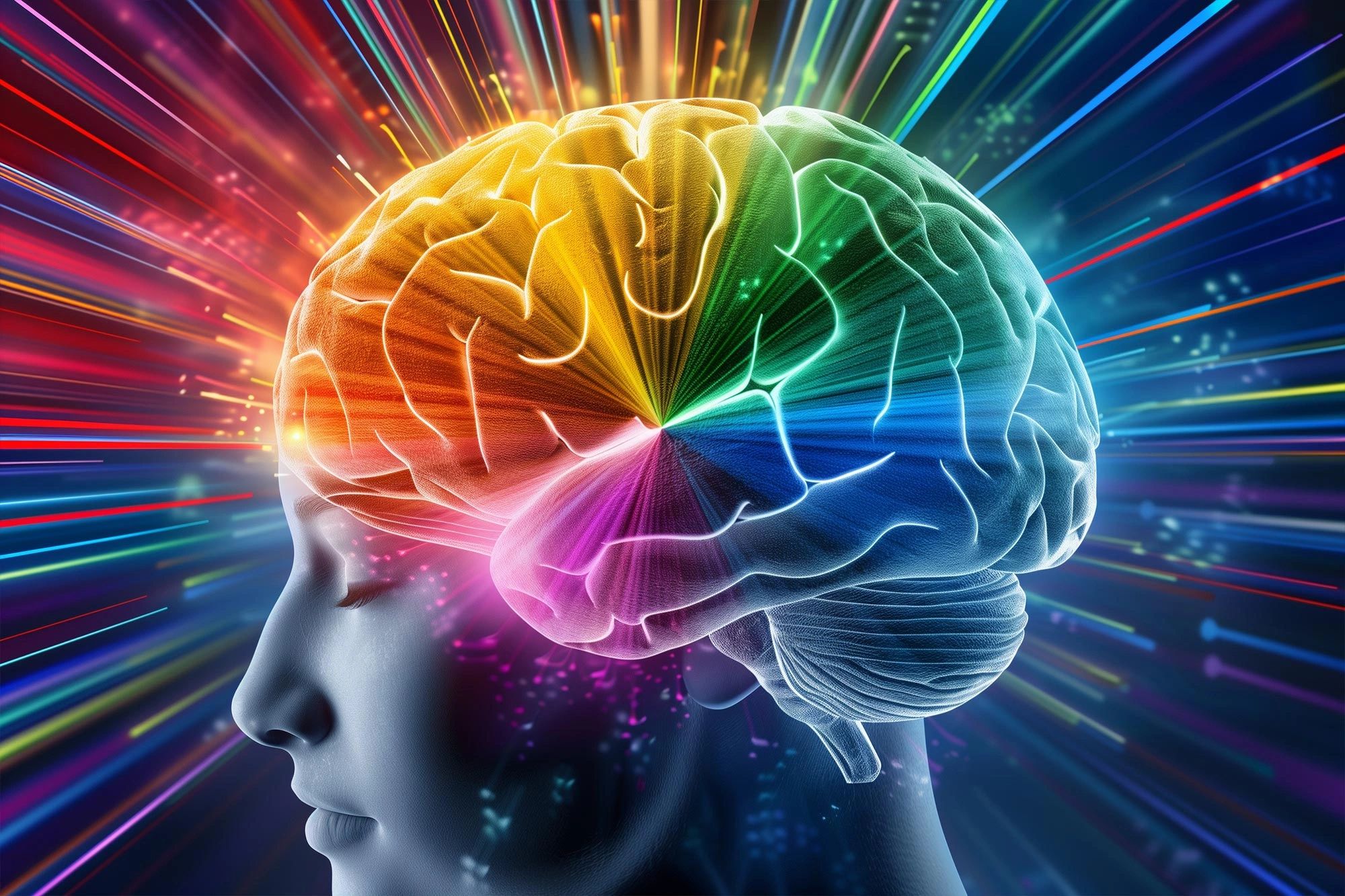 Colorful brain illustration with radiant light beams representing creativity and intelligence.