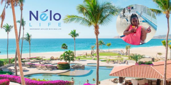 Scenic beachfront resort with a pool and palm trees, featuring Nelo Life branding and a woman enjoying a drink.