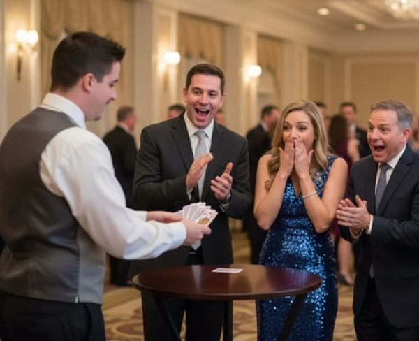 A magician impresses a small group at a formal event with a card trick.