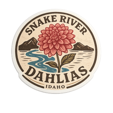 Logo of Snake River Dahlias with a flower and river illustration.