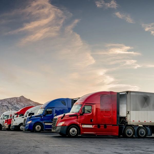A lineup of colorful semi-trucks parked under a vibrant sky.