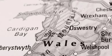 Close-up map showing Wales and surrounding areas.