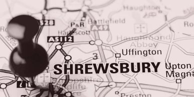 Map with a pin on Shrewsbury.