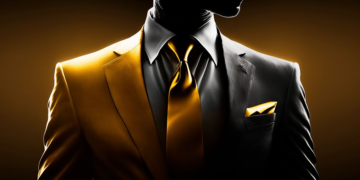 Half-golden, half-black suit with matching golden tie and pocket square.