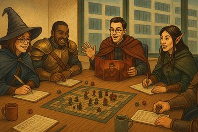 A group of friends playing a fantasy tabletop RPG around a board with dice and character sheets.