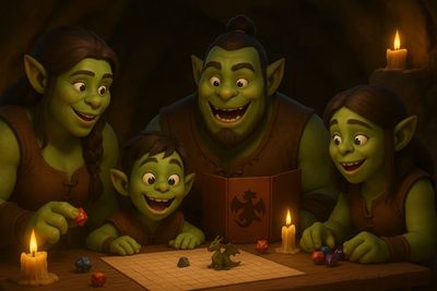 A joyful green family playing a tabletop RPG by candlelight.