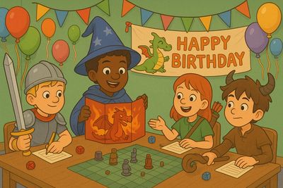 Kids in fantasy costumes playing a tabletop game at a birthday party.