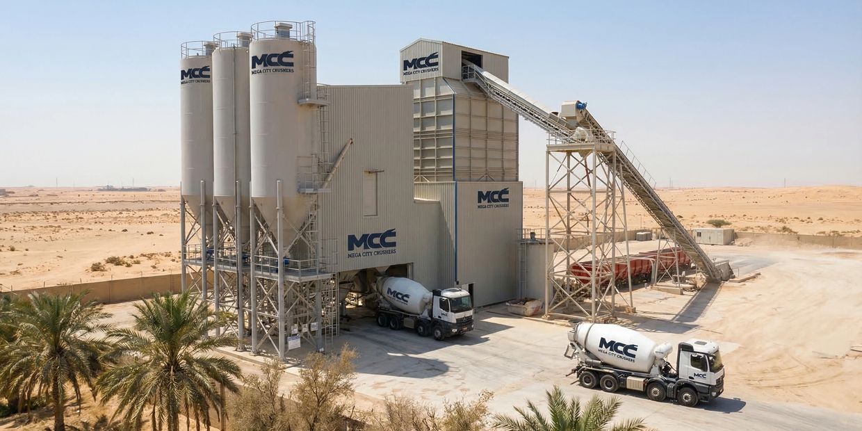 Concrete mixing plant with trucks labeled MCC in a desert setting.