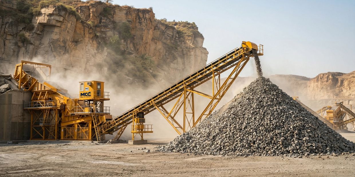 Industrial conveyor system piling crushed rocks at a quarry site.