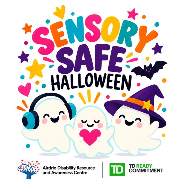 Sensory safe Halloween with happy ghosts and colorful decorations.