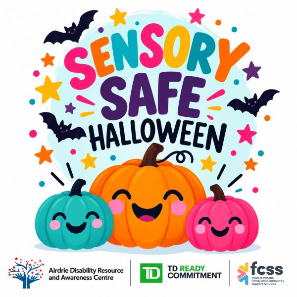 Colorful sensory safe Halloween greeting with pumpkins and bats.