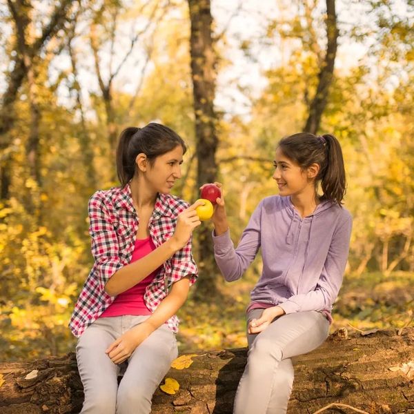 Two girls sitting on a log in autumn, holding apples and smiling.