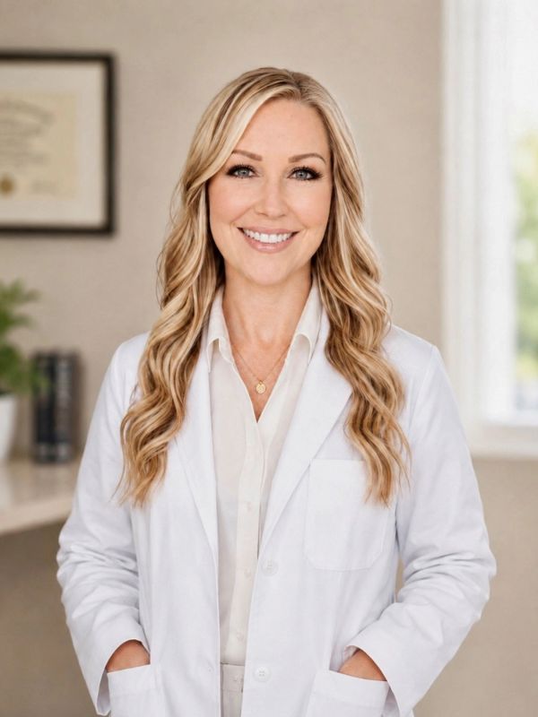 Smiling female doctor with long blonde hair in a white lab coat.