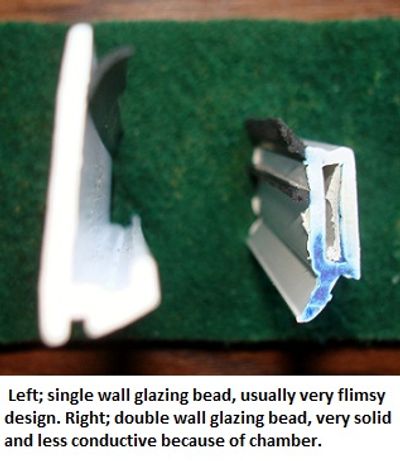 2 glazing beads for glass in windows. One good and one bad.