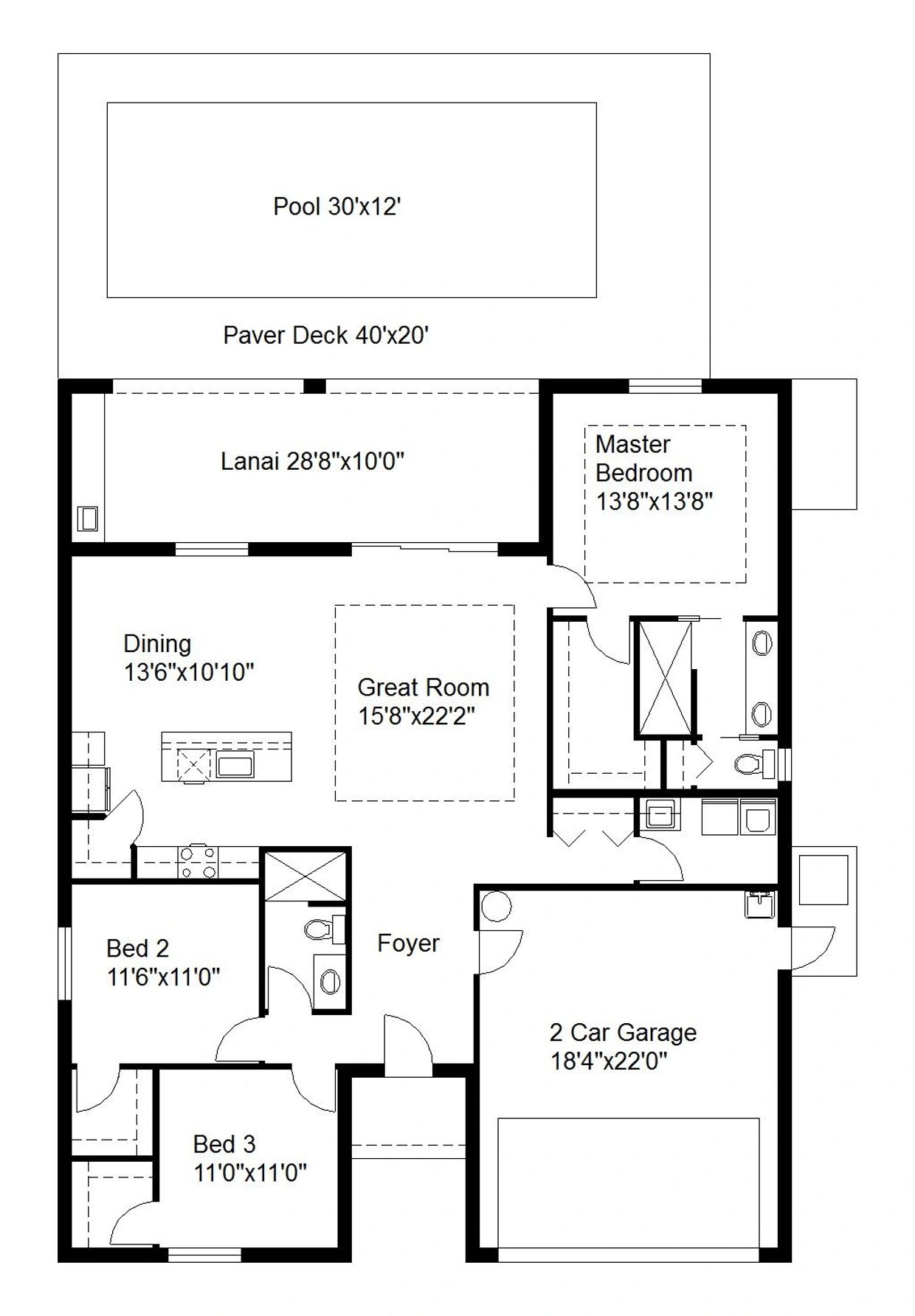 Floor plan of a single-story house with three bedrooms, two bathrooms, and a two-car garage.