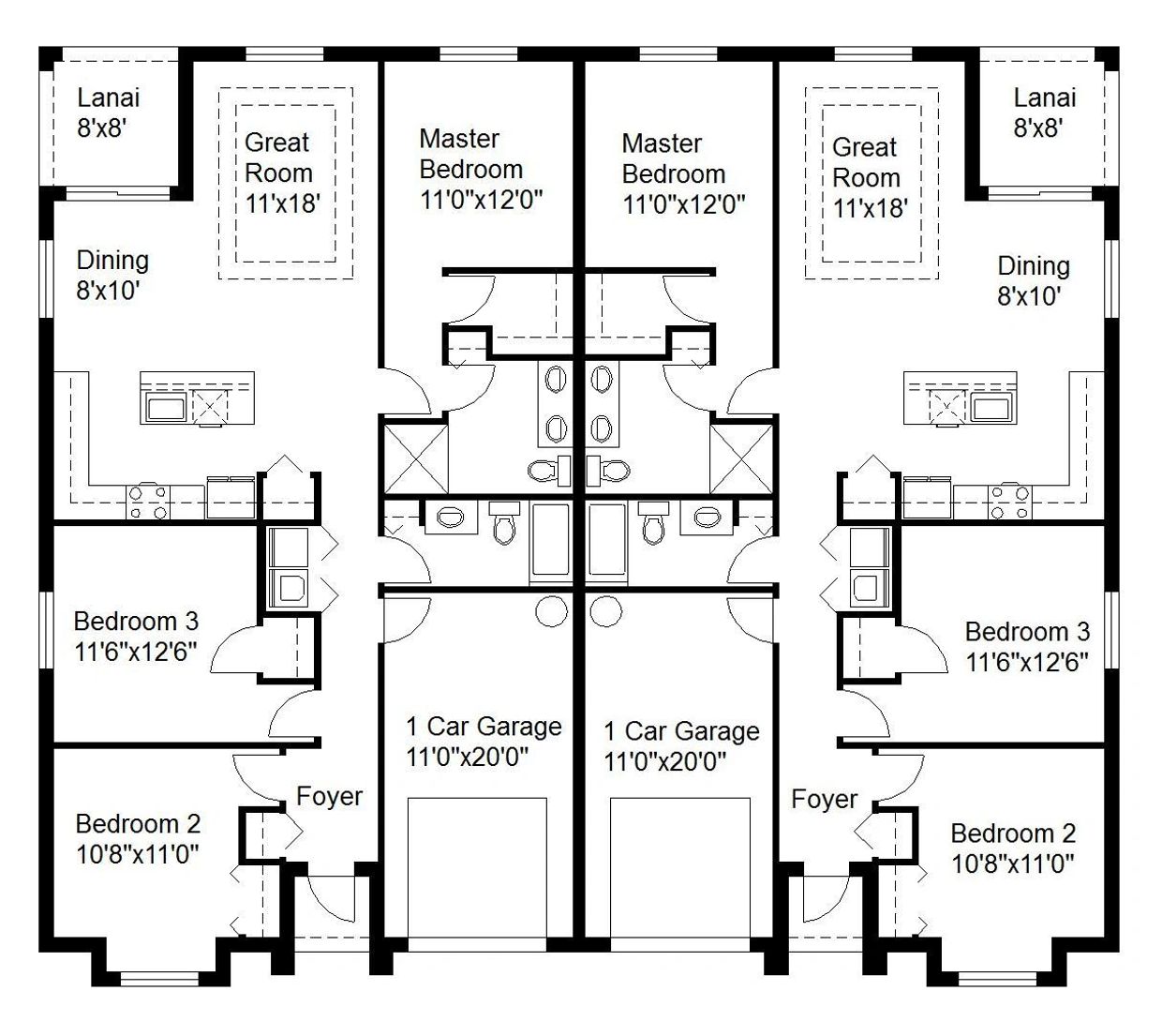 Duplex floor plan with mirrored bedrooms, garages, and living areas.