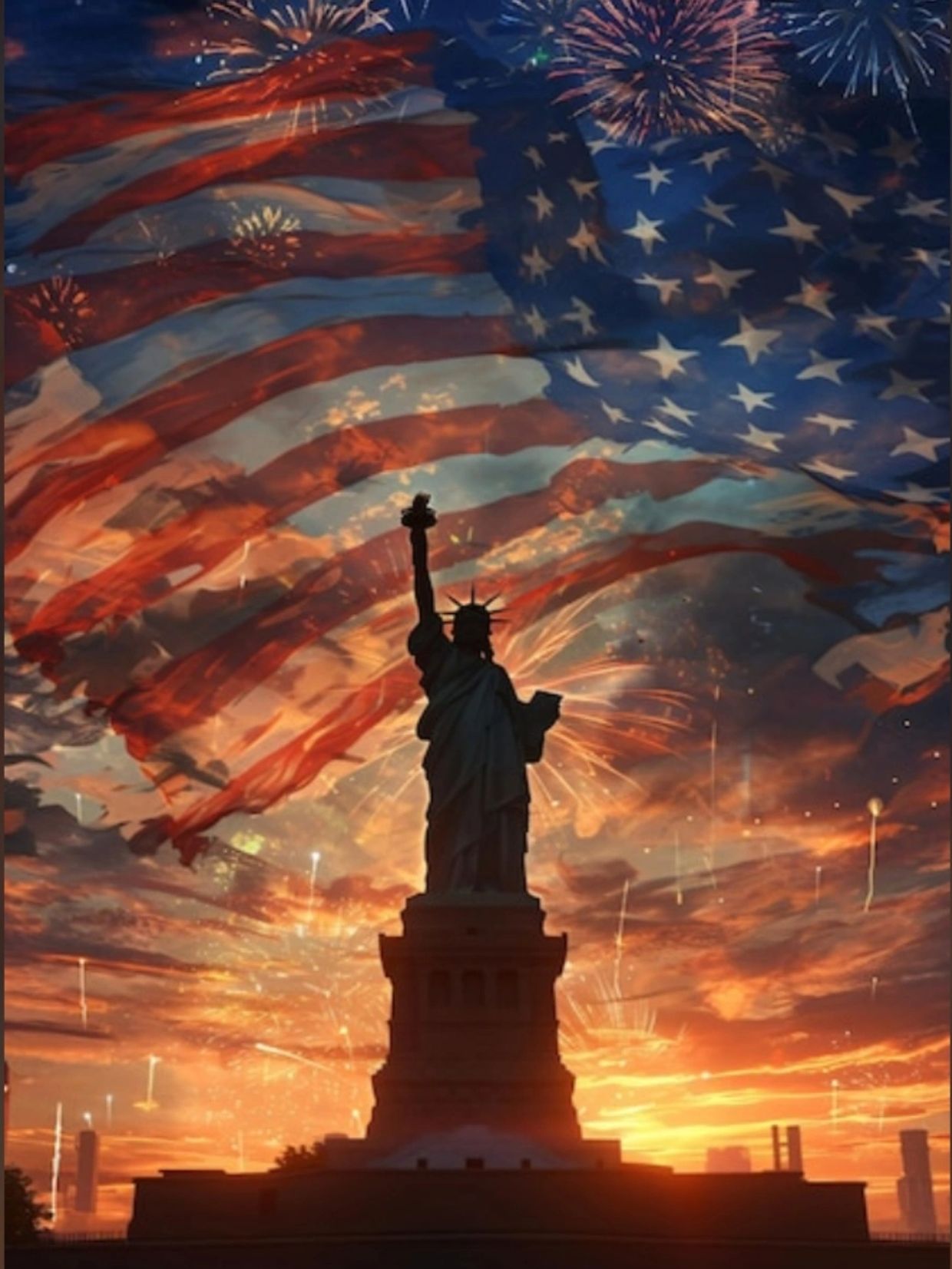 Statue of Liberty with fireworks and American flag.