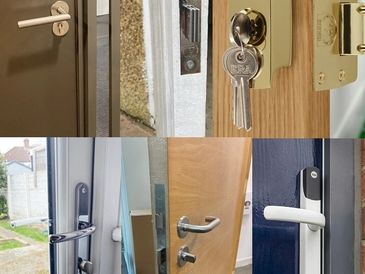 Various door locks and handles installed on different doors shown in a collage.