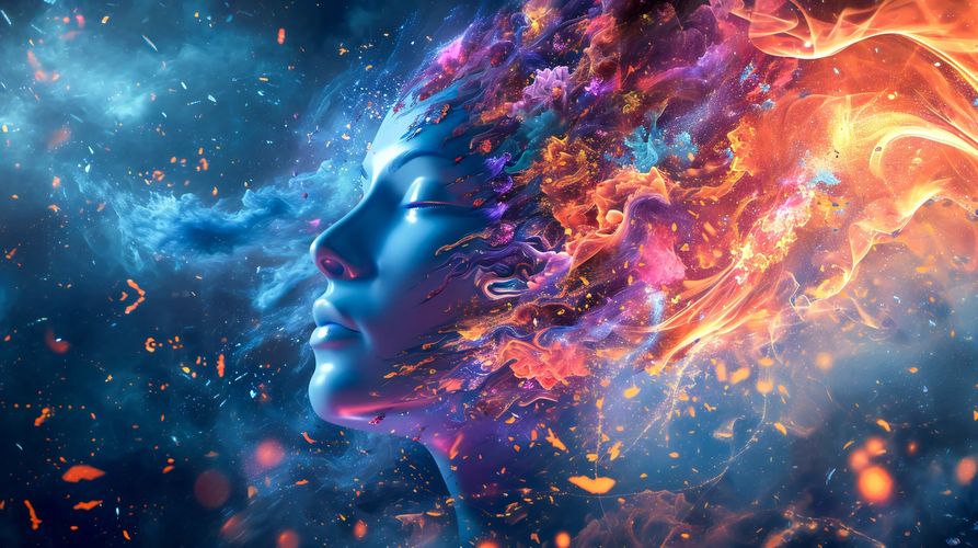 Head of a woman in a meditating trance. Abstract concept of meditation and transcendent.
