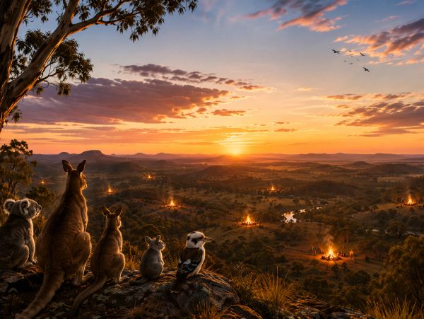 Australian animals watch sunset and fires from a hilltop.
