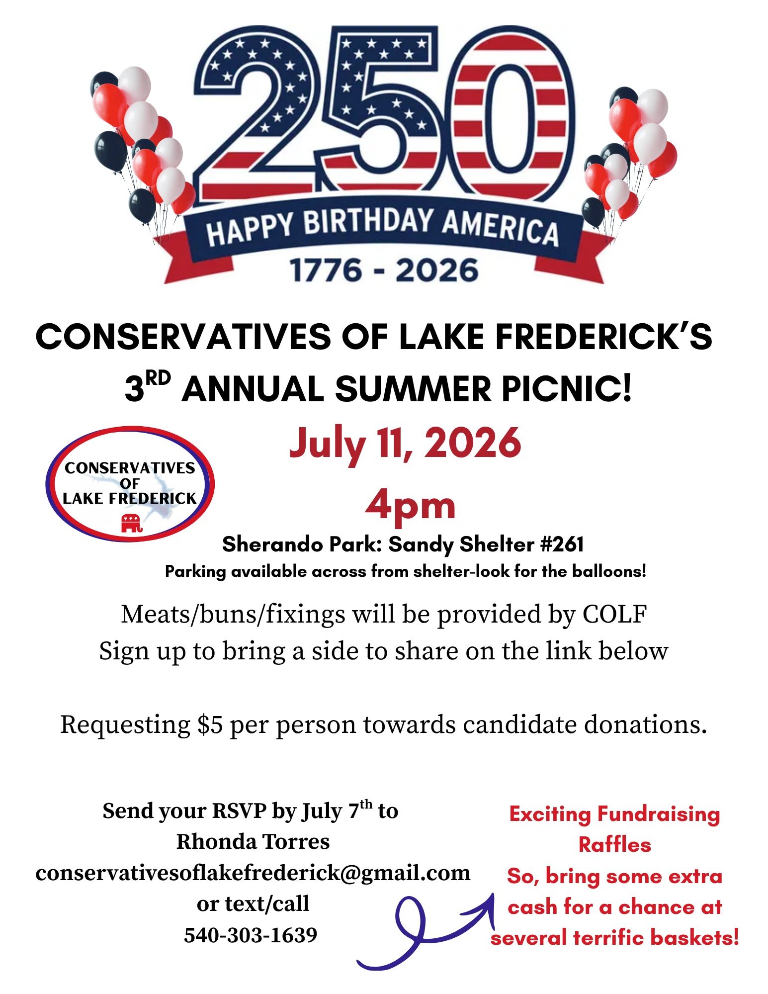 Conservatives of Lake Frederick's 3rd Annual Summer Picnic on July 11, 2026, at Sherando Park.
