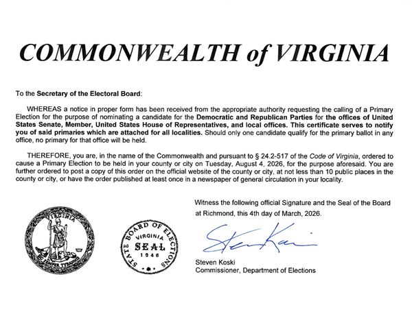 Official notice from Virginia's Electoral Board about the 2026 primary election date.