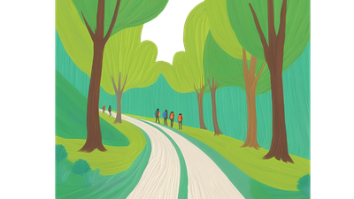 People hiking on a forest path surrounded by green trees.