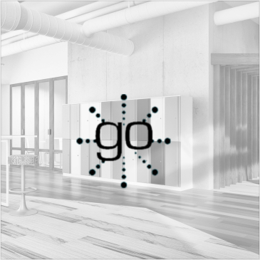Modern interior with a logo on the glass surface.