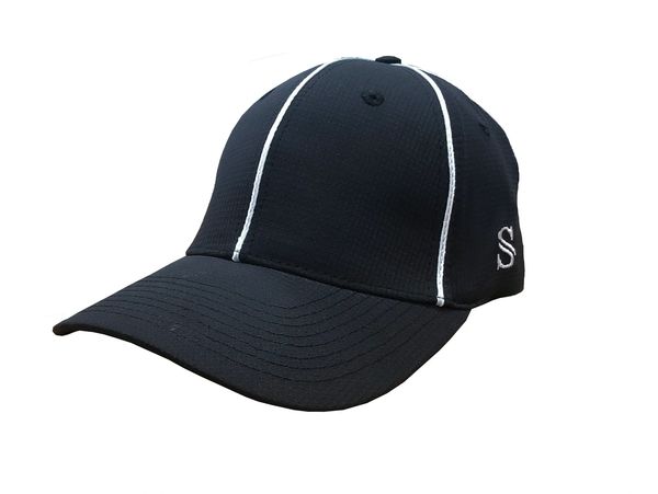Black baseball cap with white stitching.