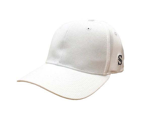 White baseball cap with subtle texture and small logo.