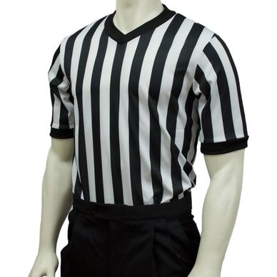 Mannequin wearing a black and white striped referee shirt.