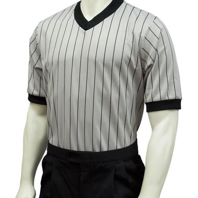 Black and white striped sports jersey with a V-neck.