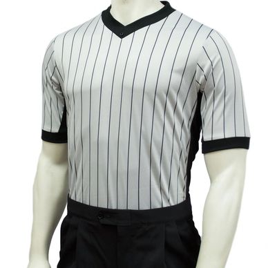 Mannequin wearing a black and white striped referee shirt.