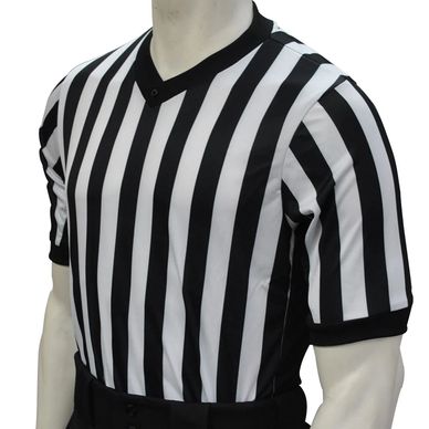 Black and white striped referee shirt.