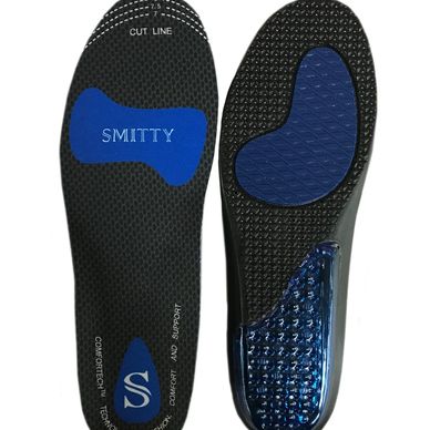 Pair of black and blue Smitty shoe insoles.