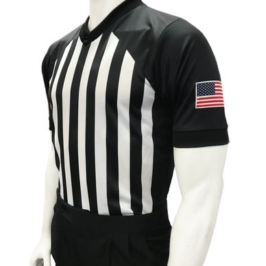 Referee uniform with black and white stripes and US flag patch.