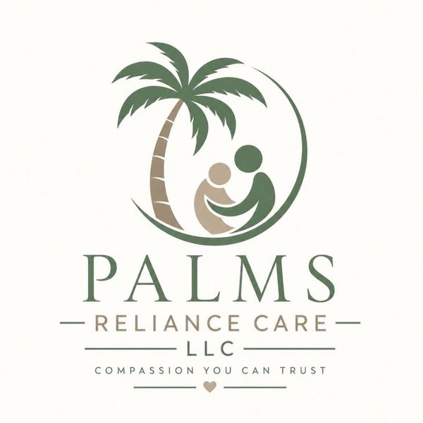 Logo of Palms Reliance Care LLC with palm tree and caring figures.