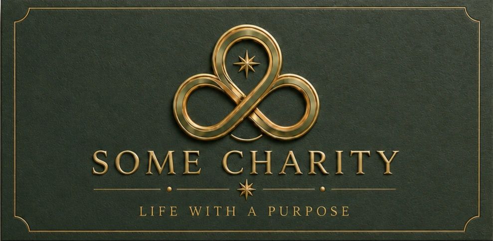 Logo for Some Charity with golden text and emblem.