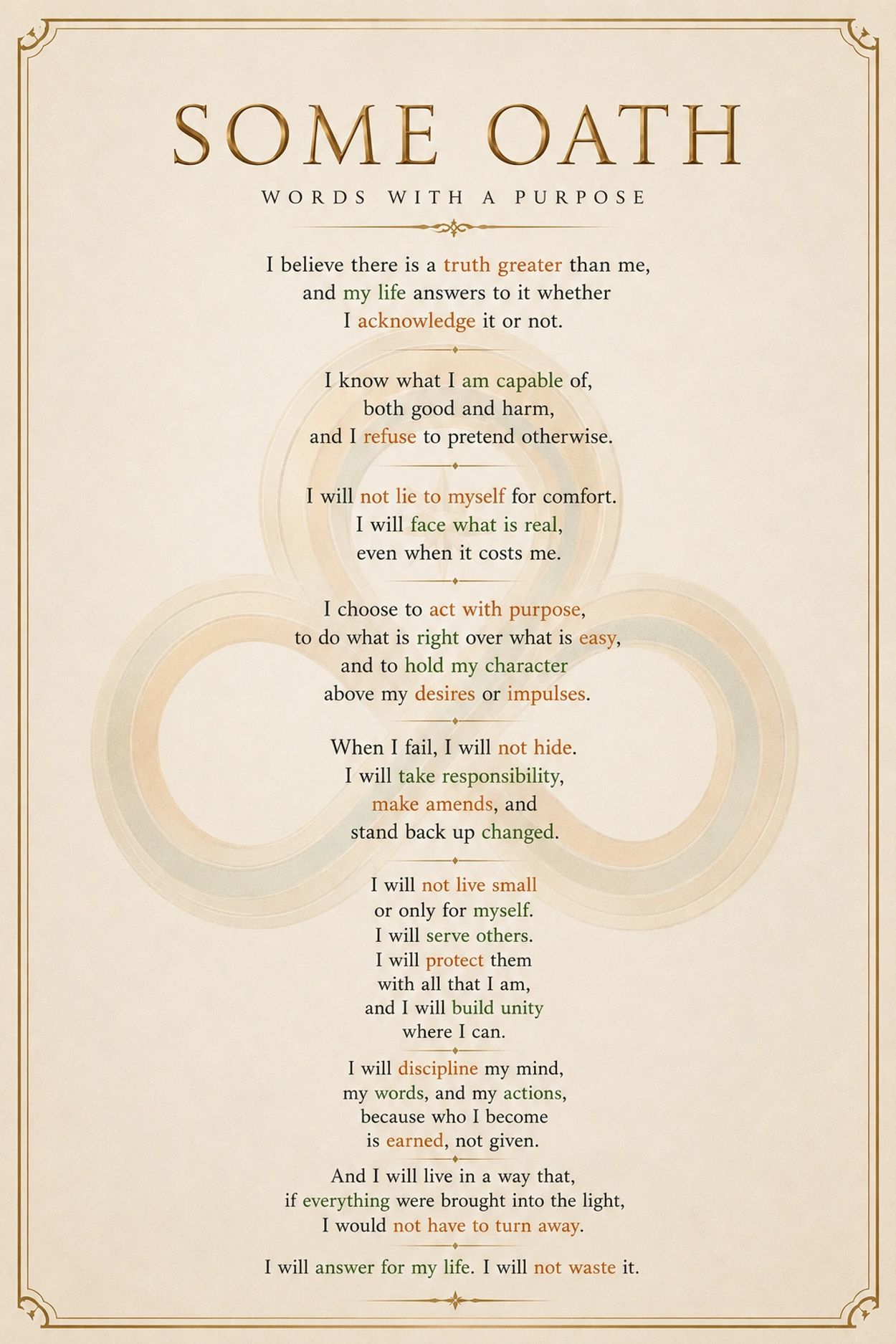 Inspirational oath about truth, purpose, character, and responsibility.