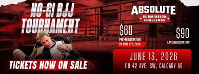 Promotional poster for No-Gi BJJ Tournament on June 13, 2026, in Calgary.