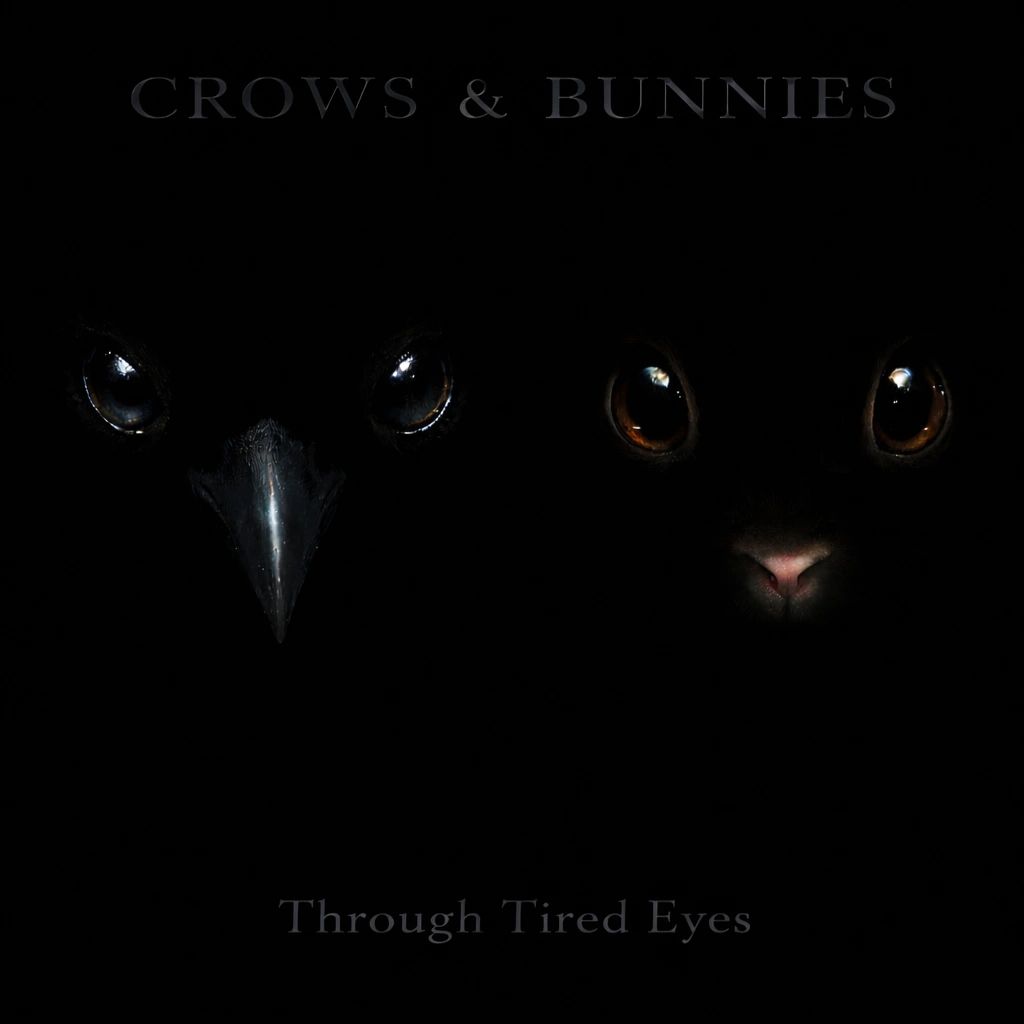 Close-up of crow and bunny eyes in darkness with text.