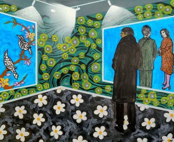 A person in a black coat views vibrant paintings in a floral-themed gallery room.